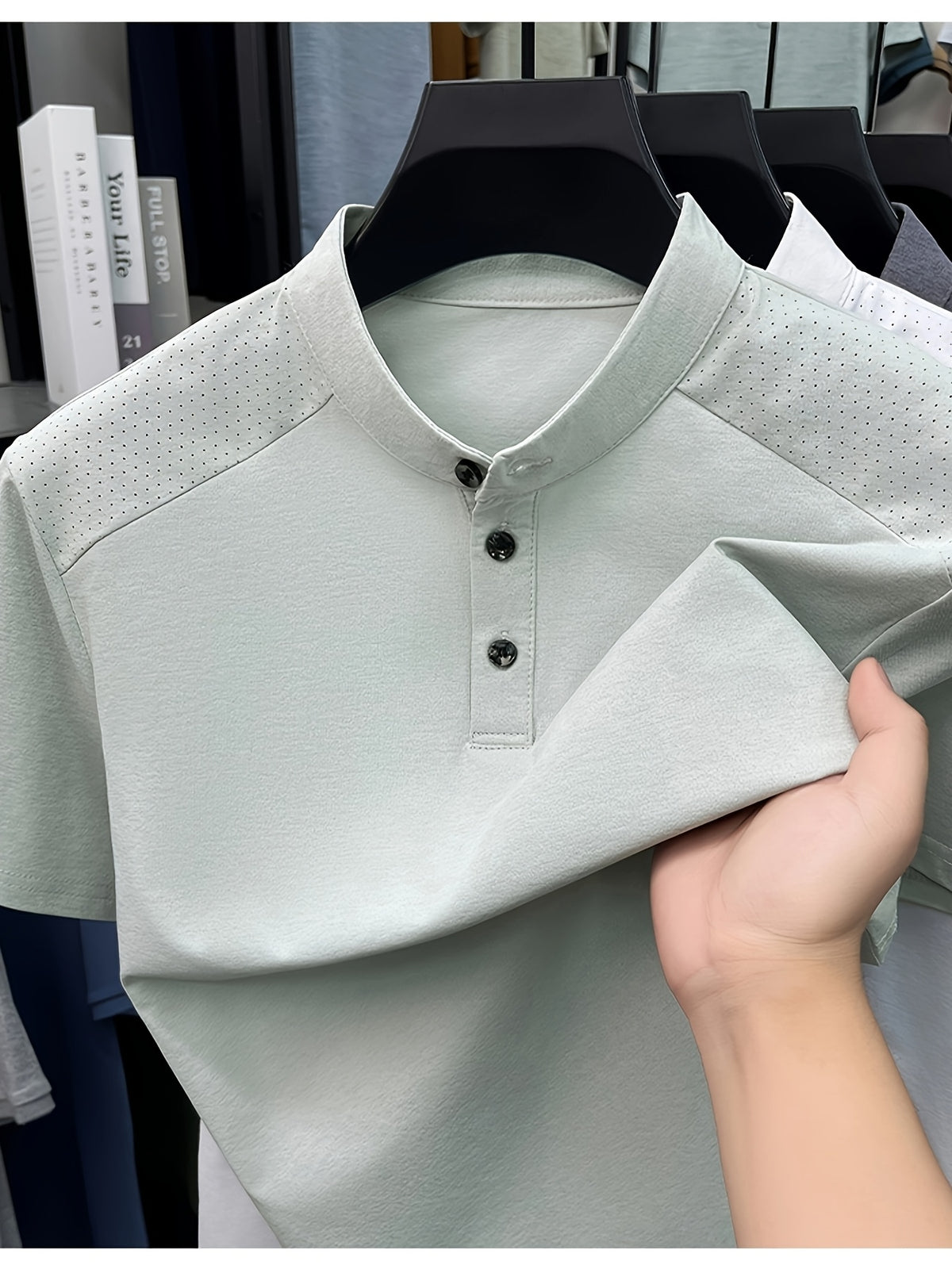 1 Men's Stand Collar Short Sleeve Polo Shirt, Suitable for Business Commutes and Daily Outings, Breathable, Moisture-Wicking, Loose Fit, Slimming, Casual Top, Basic T-Shirt for Middle-Aged and Younger Mature Men, Popular in Europe and America - Water Orchid