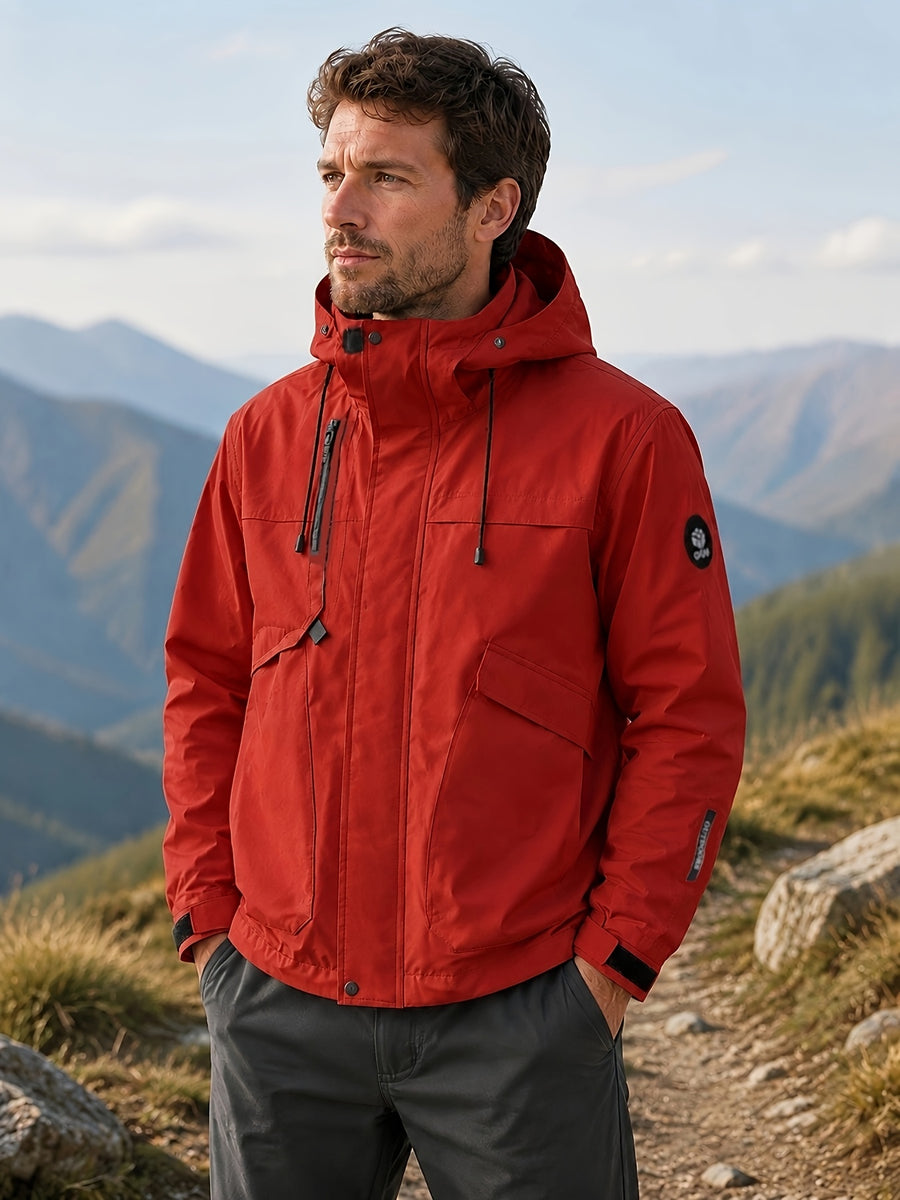 Men'S Hooded Utility Outdoor, Polyester Multi-Pocket Zip Outerwear Fall Travel, Hiking And Daily Wear - Scarlet red