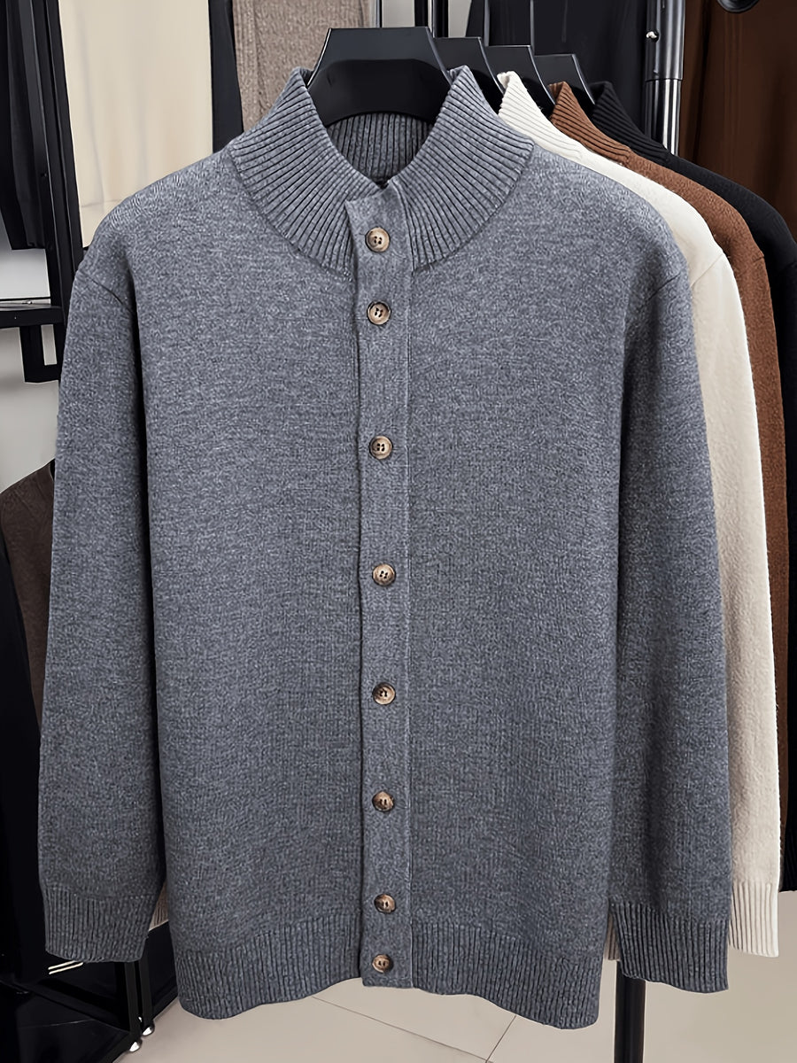 Men'S Solid Color Stand Collar Button-Up Sweater, Long Sleeve Fitted Knit Jacket, Soft Warm Blended Velvet Sweater Coat, Business Casual Daily Commute Fall Winter Outerwear, Classic Solid Color Men'S Knit Top - Lace Gray