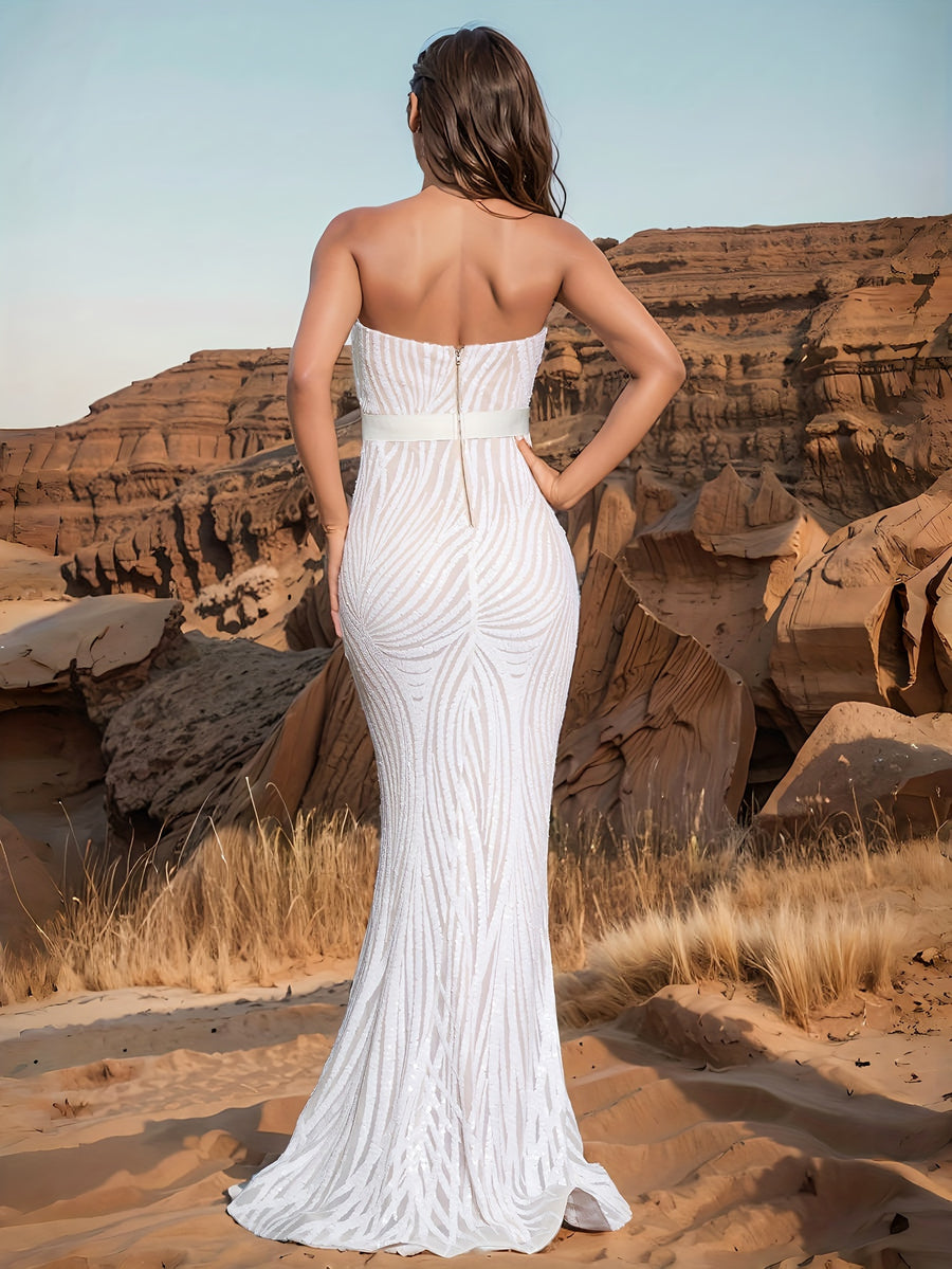 White Strapless Geometric Sequin Mermaid Evening Gown Sweetheart Neckline + Waist Belt Design Elegant Formal Ball Wedding Guest Dress White Extra-Long Strapless Waist-Cinching Sequin Dress - White
