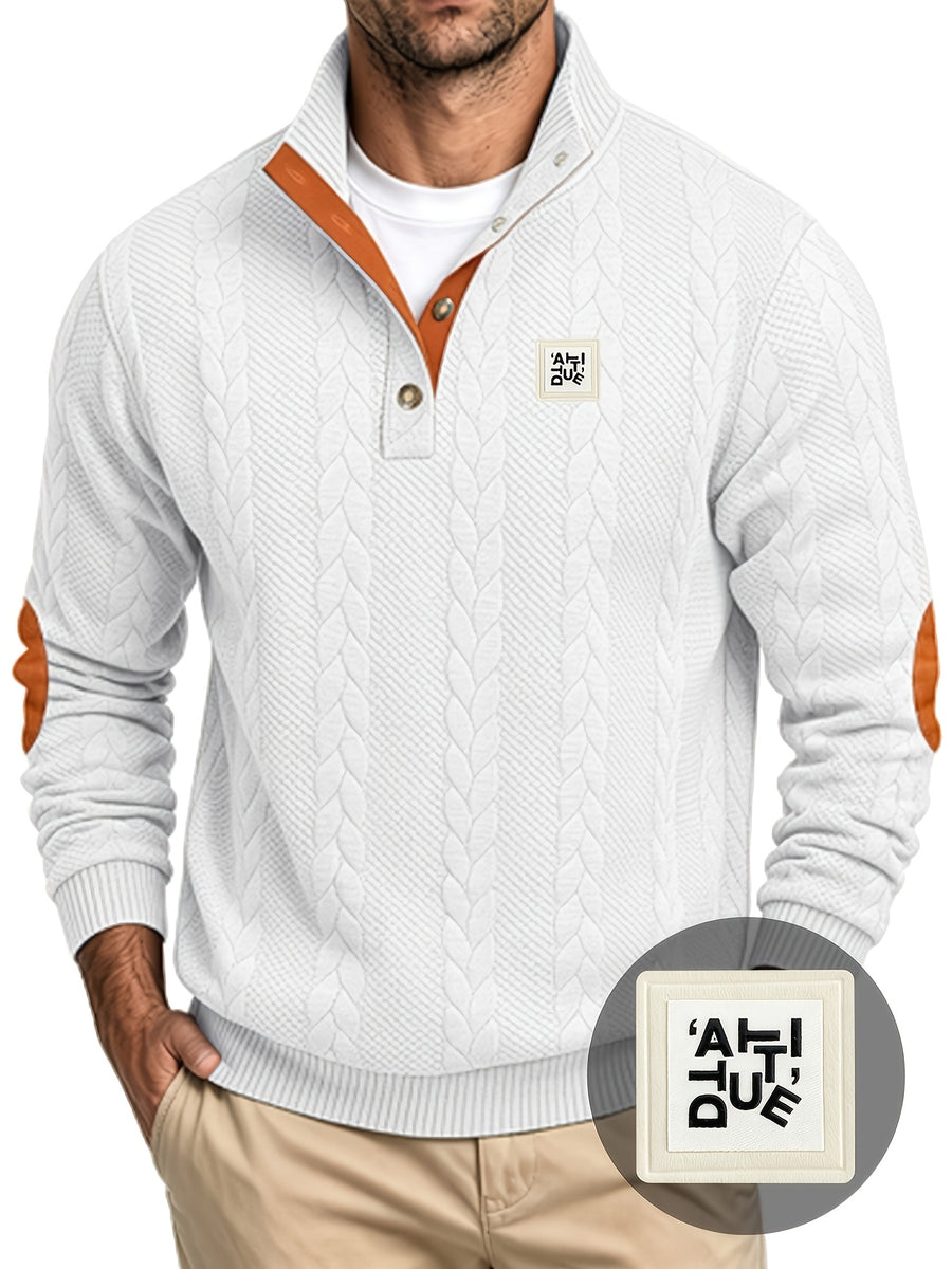 Men'S Casual Long Sleeve Knit Sweater, Textured Cable And Diamond Pattern, Stand Collar with Button Placket, Contrast Elbow Patch Details, Ribbed Cuffs And Hem, Ideal for Fall Winter Work, Travel, Golf And Daily Wear - White