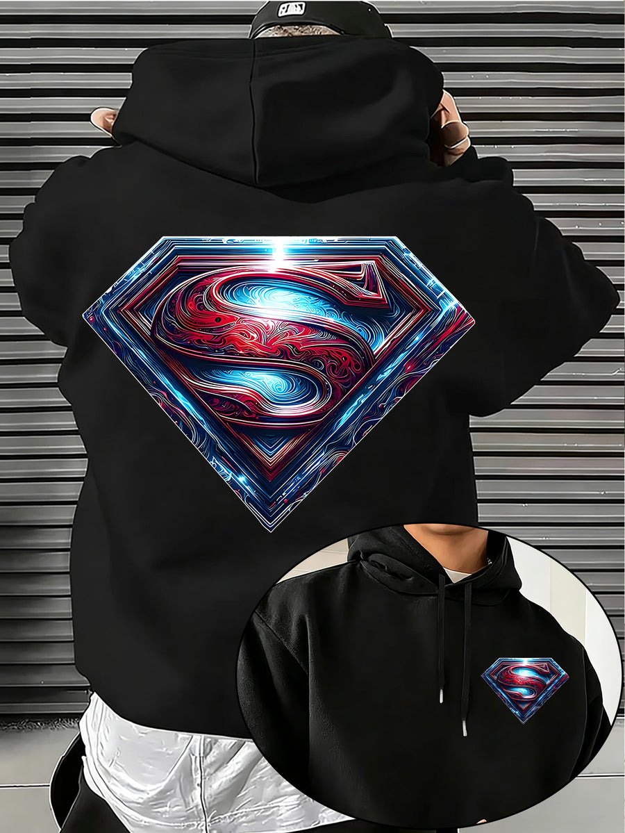 Warner Bros. Official Light and Shadow Superman S-Logo Printed Hooded Sweatshirt — Unisex Loose Pullover, Suitable for Casual, Sports, and Daily Wear, Machine Washable and Warm, for Autumn and Winter - Black