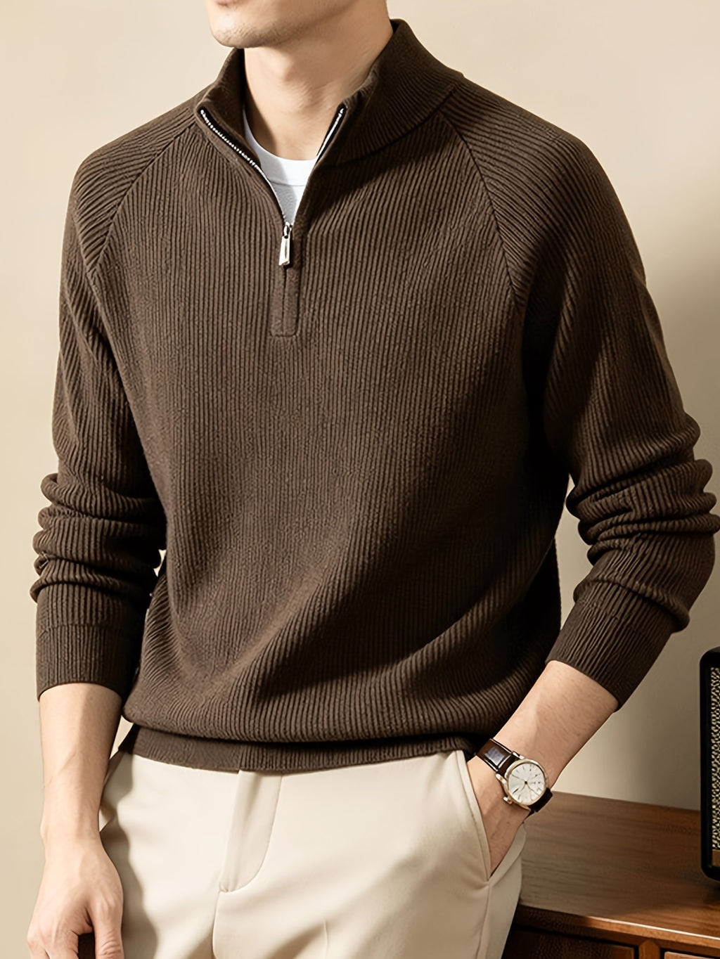 SINBOS Men's Half-Zip Stand Collar Sweater - Low-Saturation Earth Tones, Soft Ribbed Knit Zippered Cardigan, Stand Collar & Half-Zip Front Suitable for Business Casual & Minimalist Winter Wear, Autumn Winter Layering Piece - Coffee Color