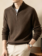 SINBOS Men's Half-Zip Stand Collar Sweater - Low-Saturation Earth Tones, Soft Ribbed Knit Zippered Cardigan, Stand Collar & Half-Zip Front Suitable for Business Casual & Minimalist Winter Wear, Autumn Winter Layering Piece - Coffee Color