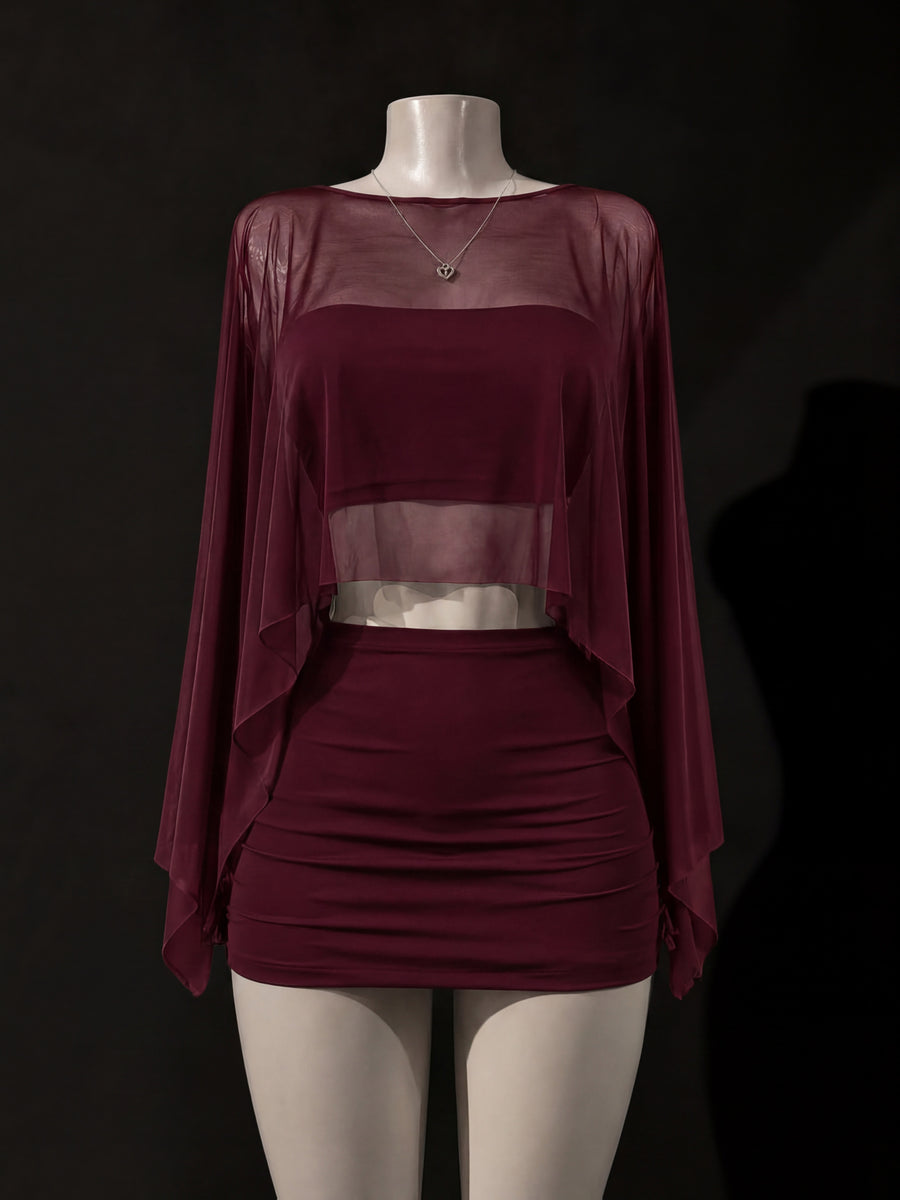 Y2K Sheer 3pcs Mini Skirt Set, Suitable for Shopping, Dating, Vacation, Beach, Holiday, Birthday, Party, Women'S Skirt Set - Deep Red
