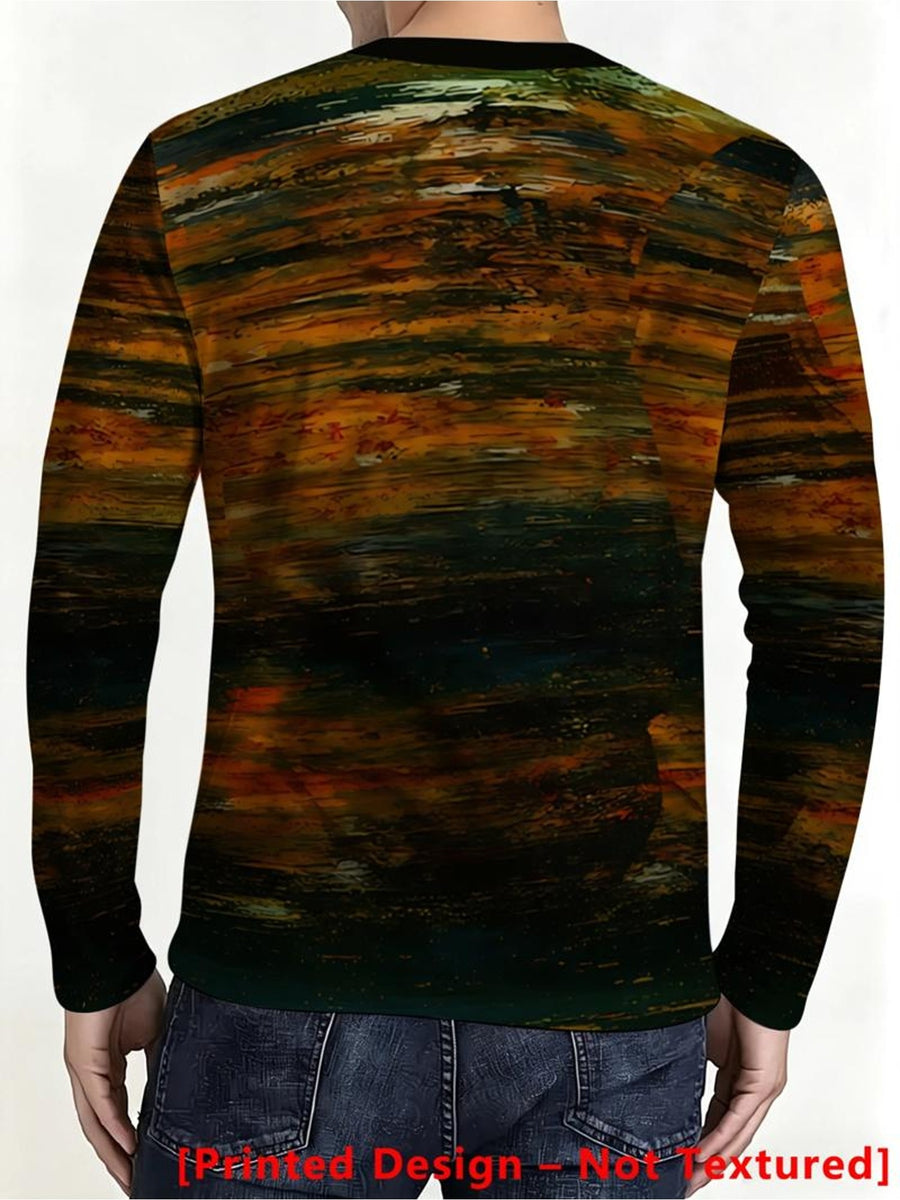 Printed Design – Not Textured New Men's Long-Sleeve T-Shirt with Vintage Brown-Green Gradient Stripe Print, Ambient Color Scheme Suitable for Daily Streetwear and Casual Outfits - Mixed colors