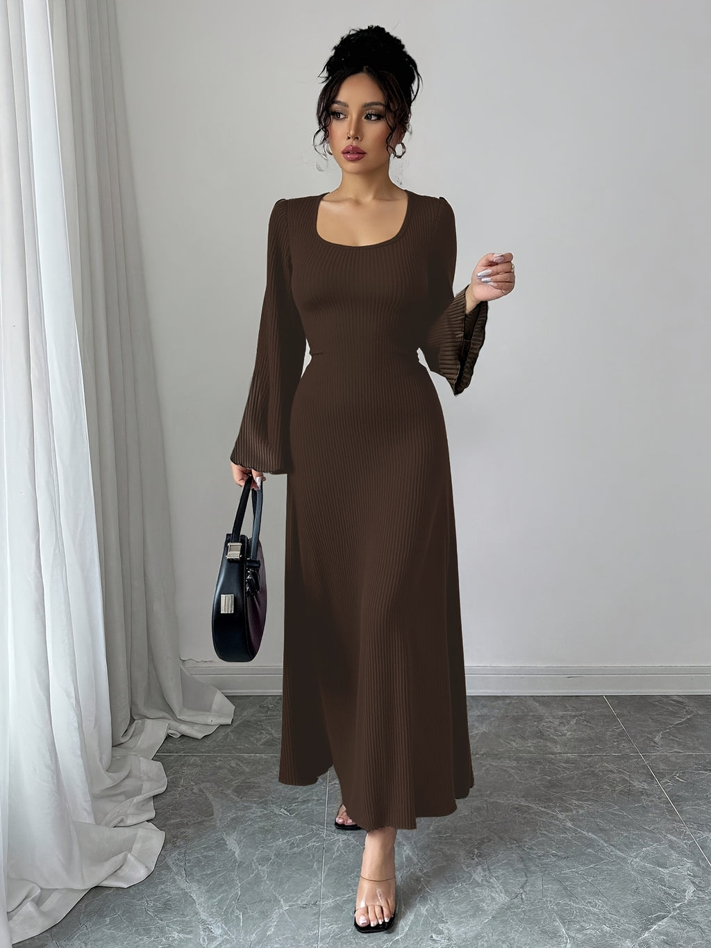 Women'S Solid Ribbed Flared Sleeve Back Tie Traditional Long Dress Elegant Long Dress - Coffee Color