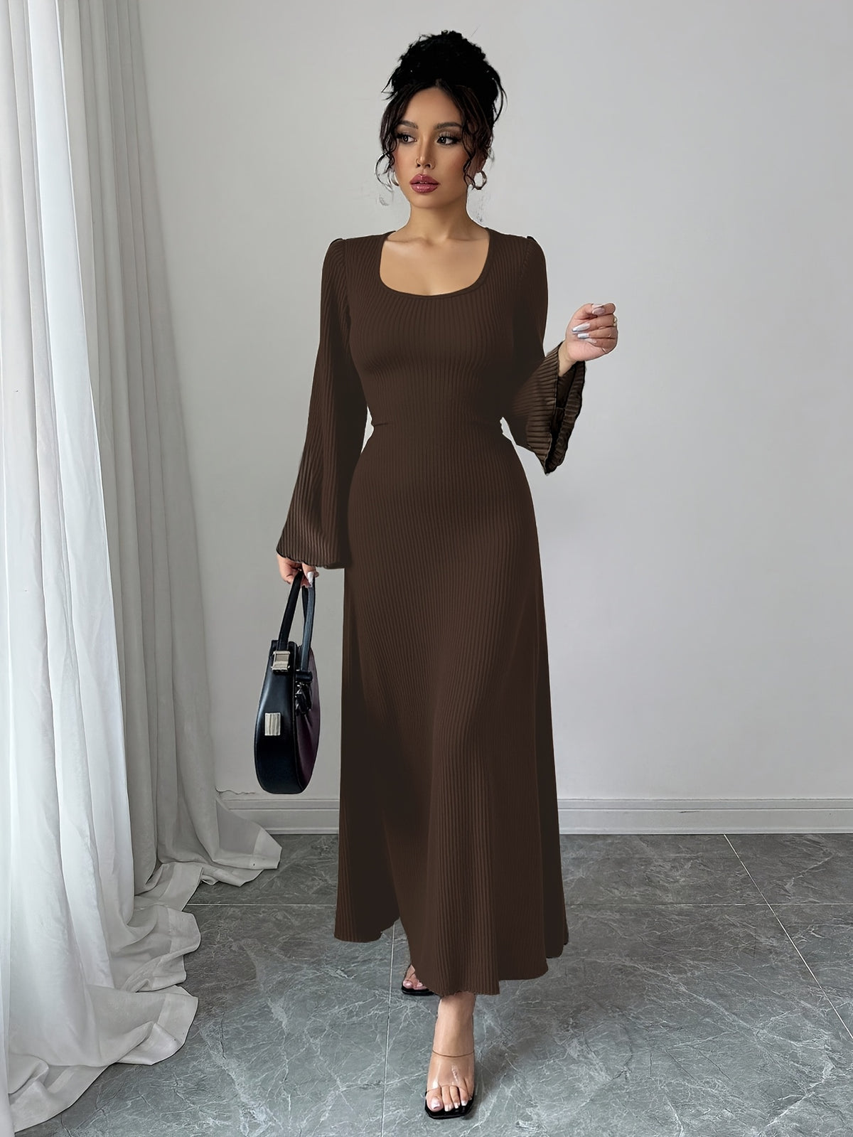 Women'S Solid Ribbed Flared Sleeve Back Tie Traditional Long Dress Elegant Long Dress - Coffee Color