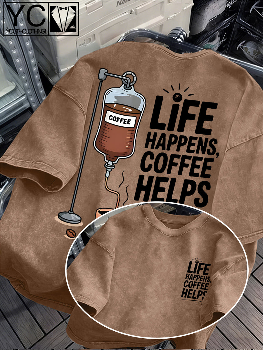 'LIFE HAPPENS COFFEE HELPS' Fun Text and Coffee Infusion Bag Creative Print Distressed Washed Texture Men's Short-Sleeve T-Shirt, Machine Washable - Short-Sleeve Washed Texture, Loose Fit Crew Neck Casual Shirt - Coffee Color