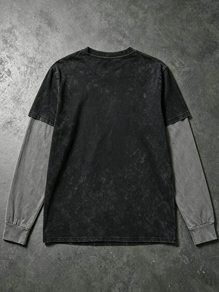Men'S Faux Two-Piece Long Sleeve T-Shirt, Vintage Washed Easy Design Statement Print Contrast Gray Sleeve Top, American Street Loose Casual Long Sleeve T-Shirt - Black