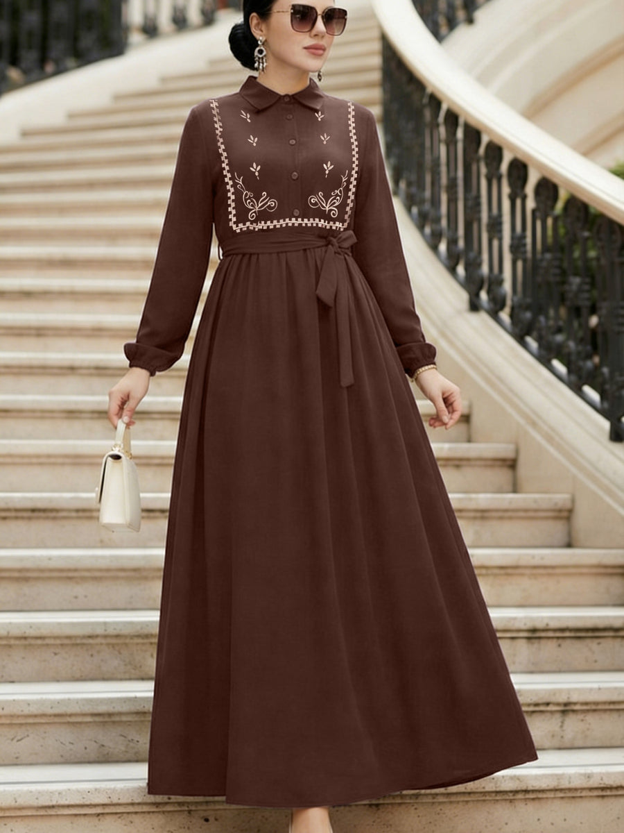 Middle Eastern Muslim Turkish Women's Elegant Solid Color Lapel Embroidered Tie-Up A-Line Abaya Gown - Coffee Color