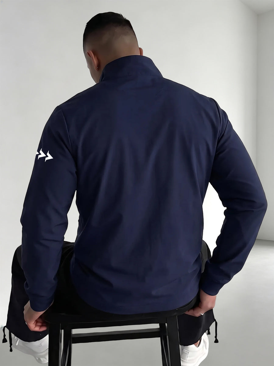 Men'S Spring/Autumn Stand-Up Collar Casual Jacket, Off-Road Riding Pattern Print, Zip-Up Lightweight Outerwear, Side Contrast Stand-Up Collar Sports Commute Top - Star Blue