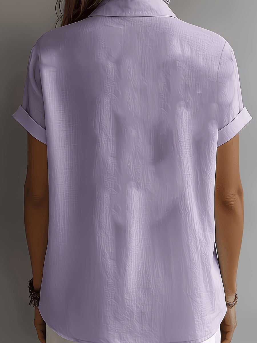 Women's Elegant Vacation-style Short-sleeve Top, Loose and Relaxed Shirt, Commuting Casual Literary Style, Figure-flattering, Daily Temperament Style, Loose and Draping, Breathable and Comfortable - Light Purple