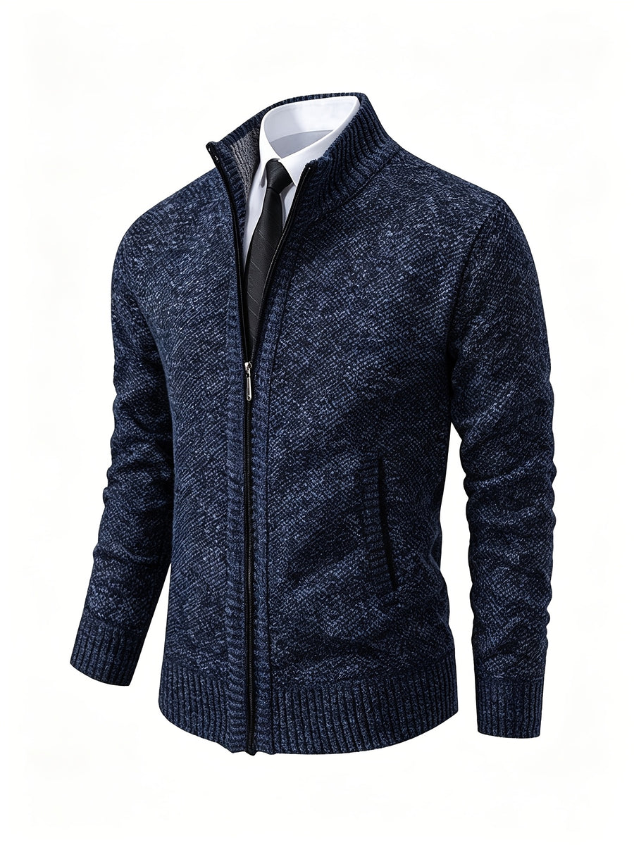 Men's Stand Collar Zip Up Knitted Cardigan Jacket, Casual Business Long Sleeve Sweater Coat with Pockets, Fall Winter Thick Warm Knit Outerwear for Men - Navy Color