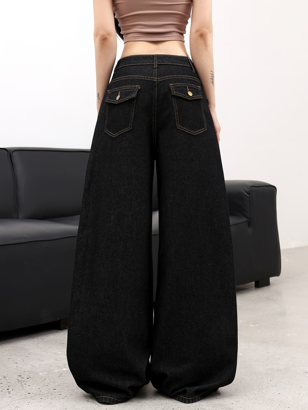 1pc Vintage Distressed Black Loose Jeans Women'S, Casual Fashion Versatile High-Waist Straight Wide-Leg Trousers (Belt/Additions Not Included) - Black