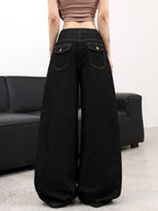 1pc Vintage Distressed Black Loose Jeans Women'S, Casual Fashion Versatile High-Waist Straight Wide-Leg Trousers (Belt/Additions Not Included) - Black