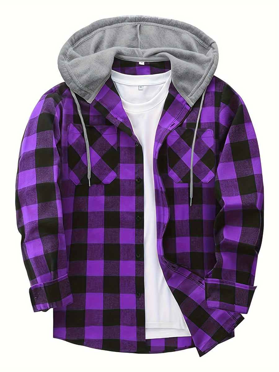 Men's Fashion Hooded Plaid Trendy Shirt Hooded Plaid Sweatshirt, Autumn/Winter Essentials, New Season - Dark Violet