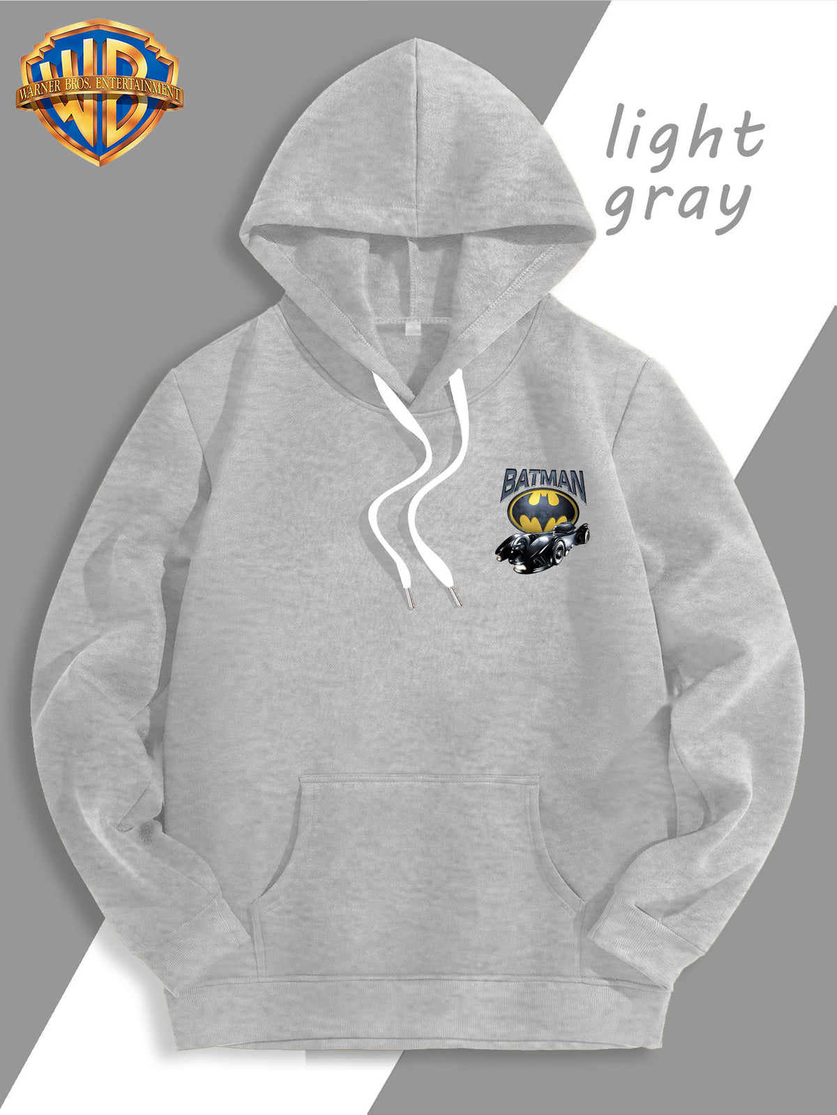 Batman Batmobile Print Hoodie, DC Movie Front-Back Print Loose Trendy Sweatshirt, Streetwear Casual Men'S Adjustable Drawstring Hoodie, Comfortable Casual Fall/Winter Wear, Fleece-Lined Warm, Suitable for Sports, Outdoor, Outings, Travel - Light Grey