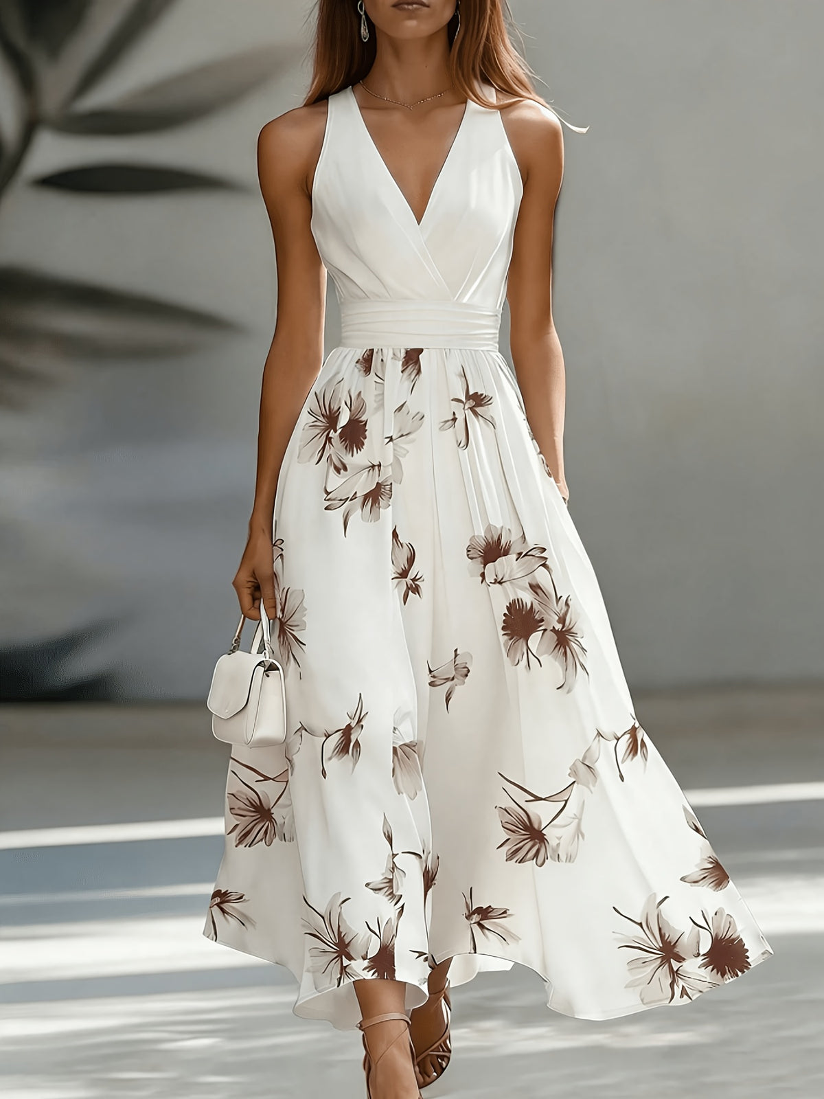 Women'S New V-Neck Backless Ruched Dress, Contrast Color Patchwork Floral Print Flared Long Dress, Fashionable Elegant Commute Vacation, Street Trendy, Date Party, Daily Wear Light Luxury Bridesmaid Dress Gown, Suitable for Spring Summer - Coffee Brown