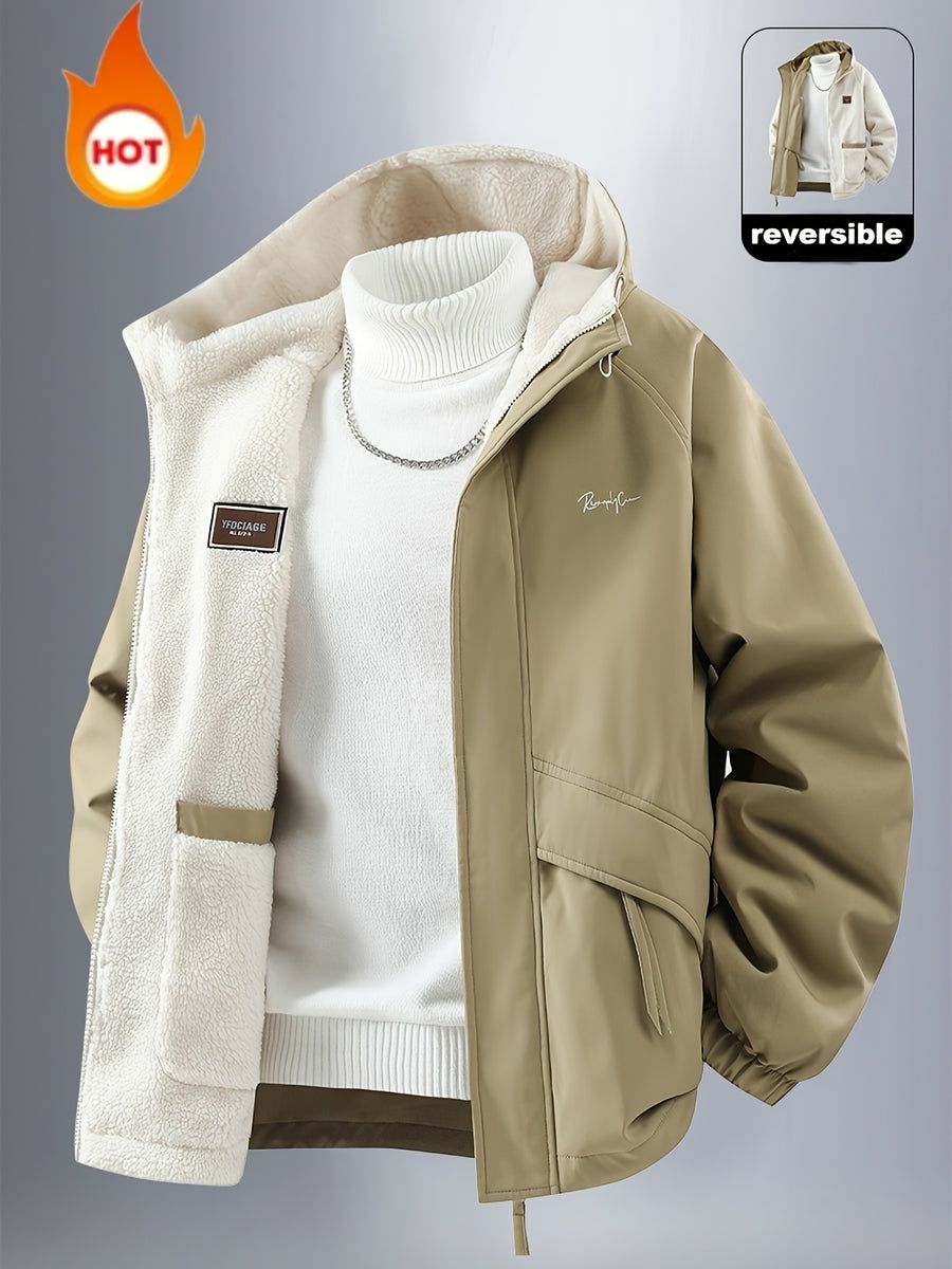 Men'S Jacket, Men'S Casual Outdoor Sports Warm Hooded Jacket, Reversible Jacket, Made of Windproof And Wear-Resistant Fabric, Warm And Comfortable Fall Winter Style 1pc - Khaki