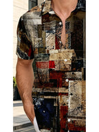 Men's Hawaiian Shirt with an Abstract Collage Print Consisting of Multiple Color Blocks and Lines, a Button-up Short-sleeve Top - Multicolor