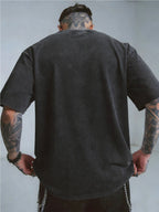 Men'S New Arrival Washed Casual Art Letter Print T-Shirt - Geometric Pattern Retro Washed Vintage Short Sleeve Round Neck T-Shirt, Suitable for Everyday Versatile Retro Style, Men'S Wear - Black