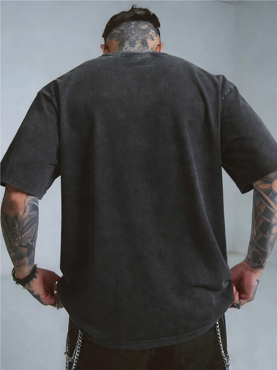 Men's New Arrival Washed Casual Art Letter Print T-Shirt - Geometric Pattern Retro Washed Vintage Short Sleeve Round Neck T-Shirt, Suitable for Everyday Versatile Retro Style, Men's Wear - Black
