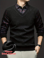 Men'S Fleece Fake Two-Piece Sweater, Plaid Lapel with Diamond Jacquard Design, Business Casual Warm Knit Top, Inner Thick Base Layer Shirt, Suitable for Men'S Commute And Casual Wear - Black