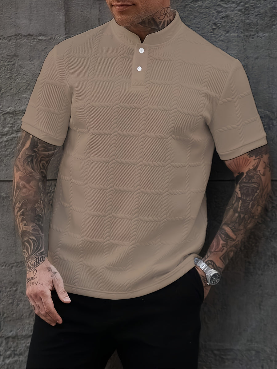 New Cross-Border Men'S Fashion Summer Casual Sports Short-Sleeved Small Stand-Up Collar Henley Shirt - Khaki