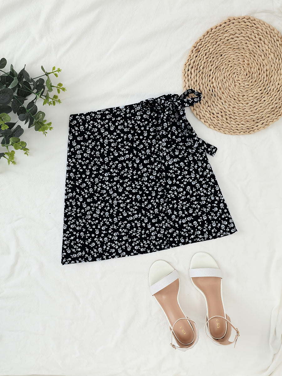 Floral Print Wrap Tie Midi Skirt - Black