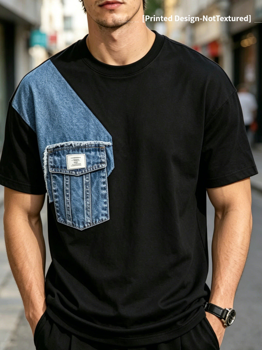 Printed Design- Not Textured/2d Printing Men's Denim Pocket Printed Short Sleeve Black Contrast Retro Printed T-shirt Outdoor Fitness Loose Comfortable Top - Mixed colors