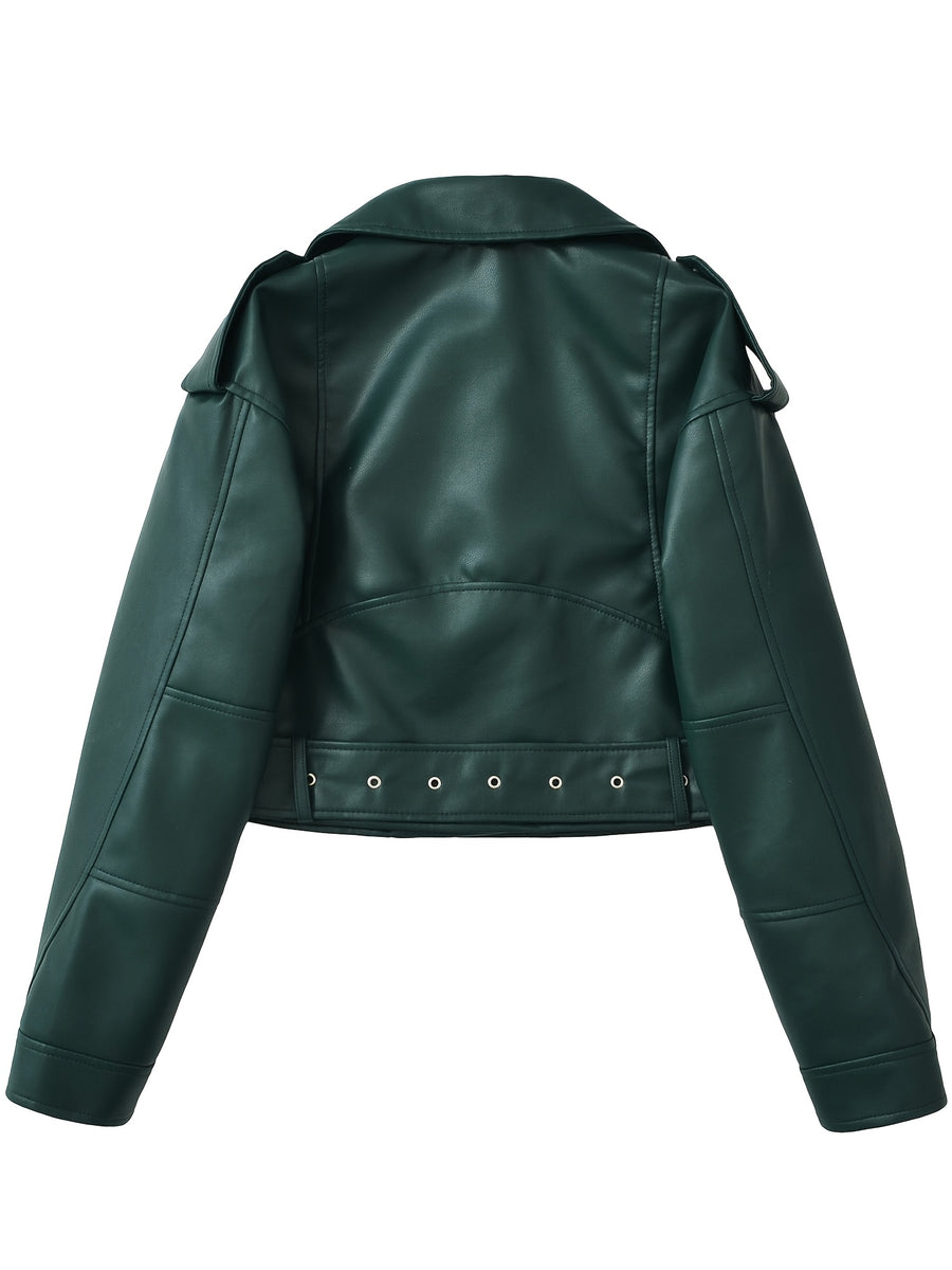 2025 Short Faux Leather Jacket Spring Autumn American Retro Temperament Biker Jacket Top Women'S Clothing - Dark Green