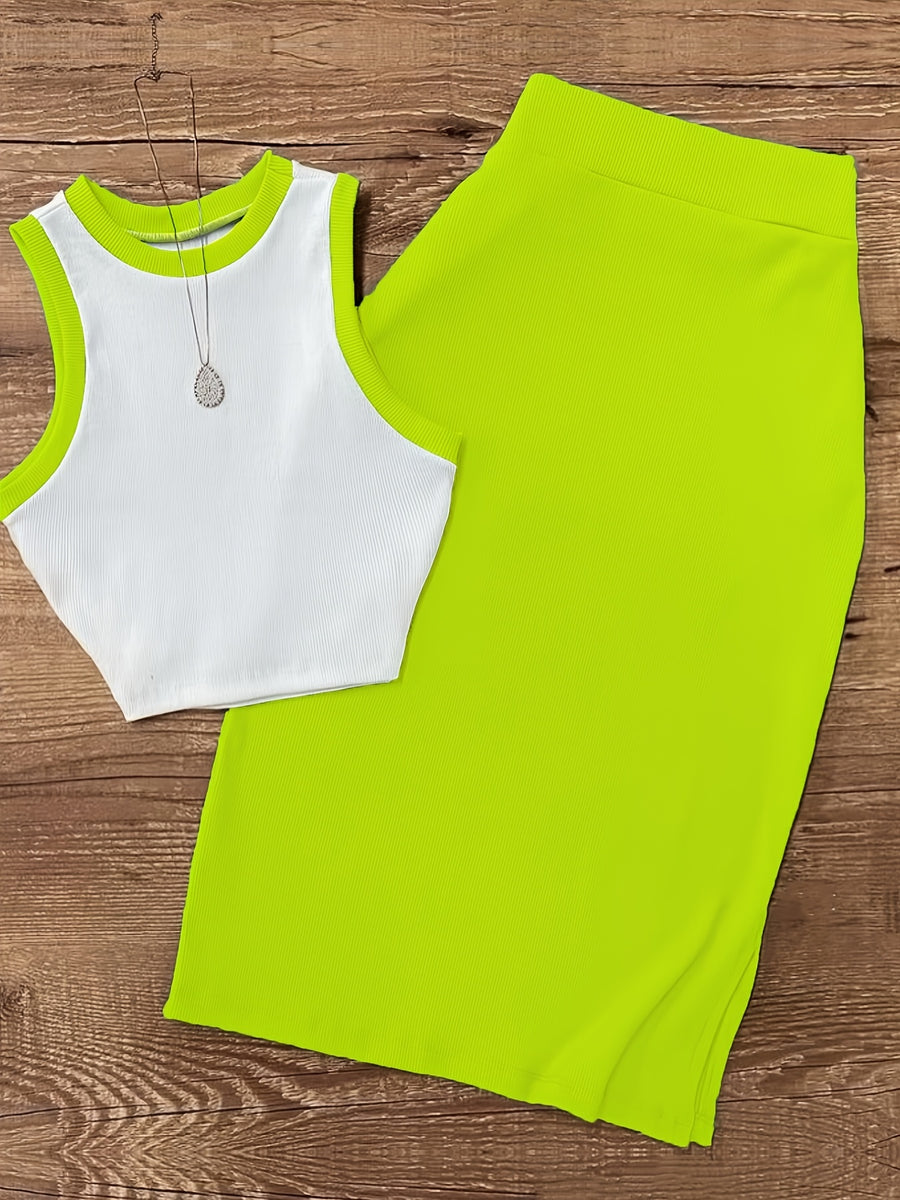 Women'S Sleeveless Vest And Slit Skirt Set - Fluorescent Green