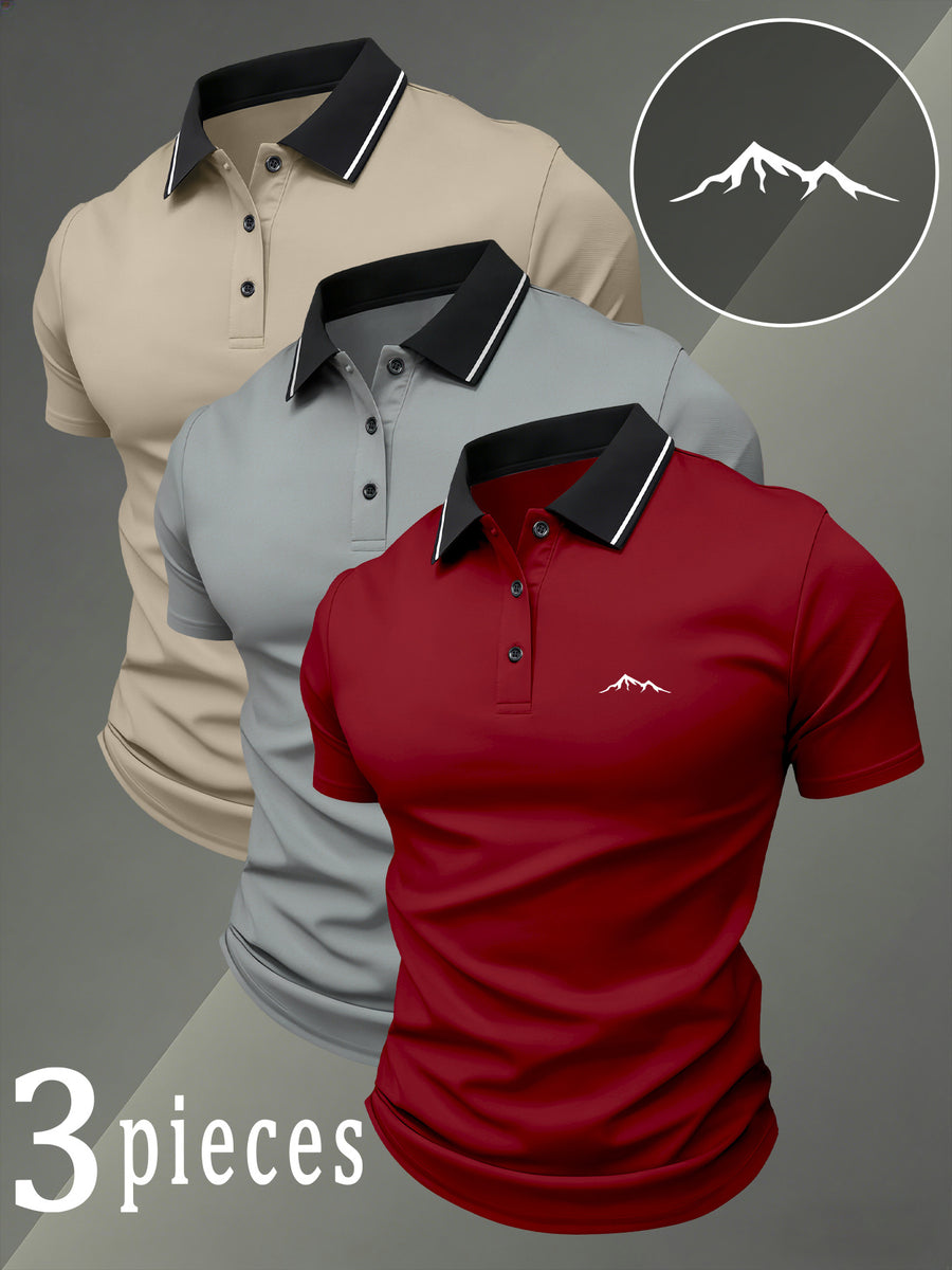 Summer New Men'S Short-Sleeved Polo Shirt 3pcs Set Multi-Color Optional Fashionable Versatile Daily Casual Comfortable And Breathable Fabric Suitable for Outdoor Sports And Business Casual Wear Essential Polo Shirt for Mature Men - burgundy + light gray + khaki