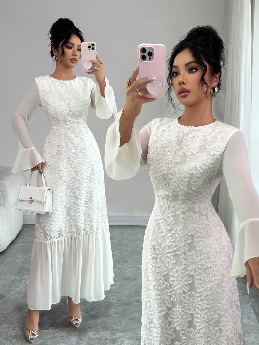 Women's Elegant -Line Maxi Dress with Print Long Dress - Full-Length -Length Gown Suitable for Weddings, Parties, Proms, Galas - Machine Washable Round Neck Zipper Closure Dress - Milky
