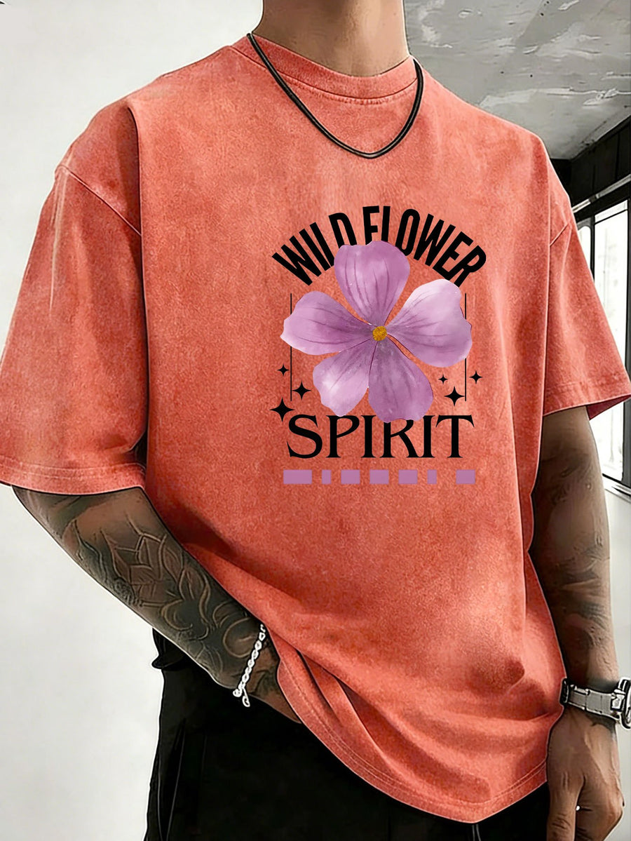 Mid-Summer Vacation Style Unisex T-Shirt, Pure Washed Distressed, Double-Sided Print, Breathable And Sweat-Absorbent, Loose Fit Outdoor Hiking Sports Trendy Casual Short Sleeve, Sweat-Resistant - Orange