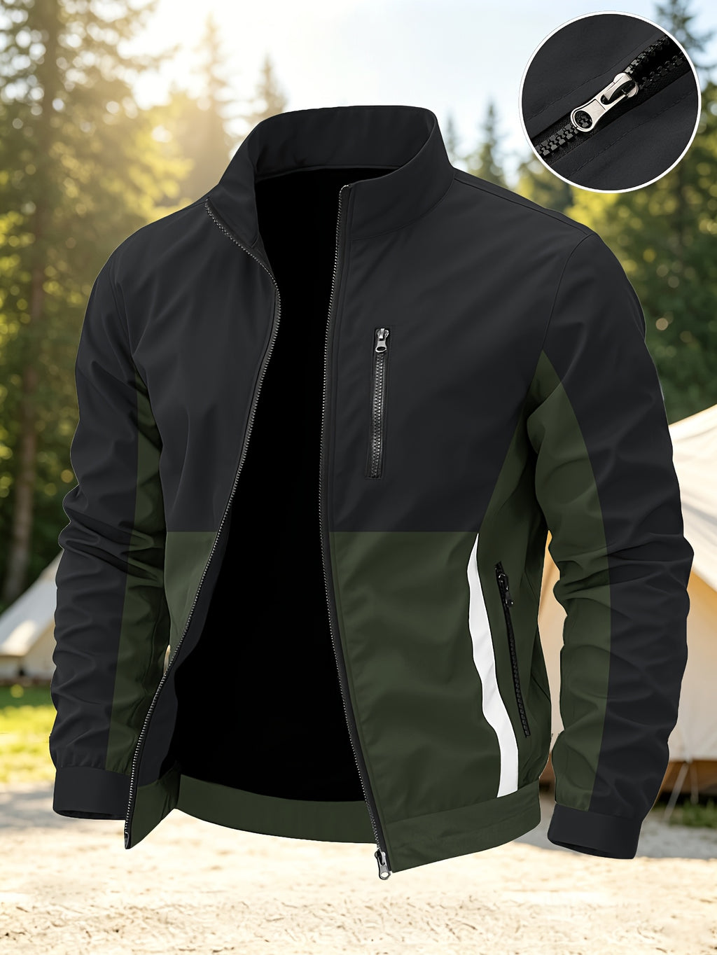 Men's New Trendy Versatile Outdoor Sports Mountain Climbing Comfortable Casual Fashionable Loose High Street Long Sleeve Color Block College Jacket - Olive Green