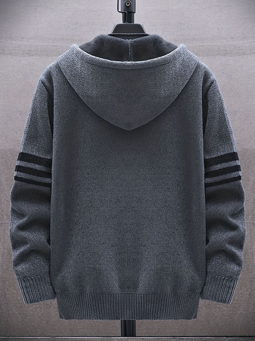 Men'S Striped Fleece Hooded Cardigan, Casual Slightly Stretch Breathable Zip Up Thermal Jacket for Fall Winter Outdoor, Knit - Dark Gray