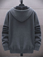 Men'S Striped Fleece Hooded Cardigan, Casual Slightly Stretch Breathable Zip Up Thermal Jacket for Fall Winter Outdoor, Knit - Dark Gray
