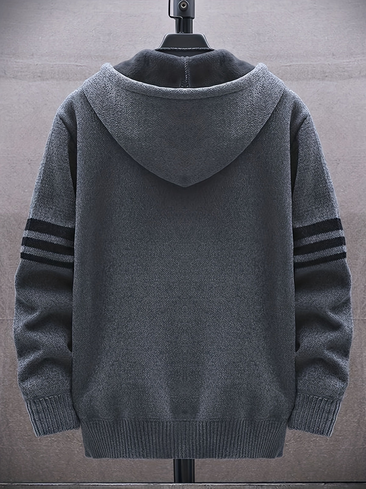 Men'S Striped Fleece Hooded Cardigan, Casual Slightly Stretch Breathable Zip Up Thermal Jacket for Fall Winter Outdoor, Knit - Dark Gray