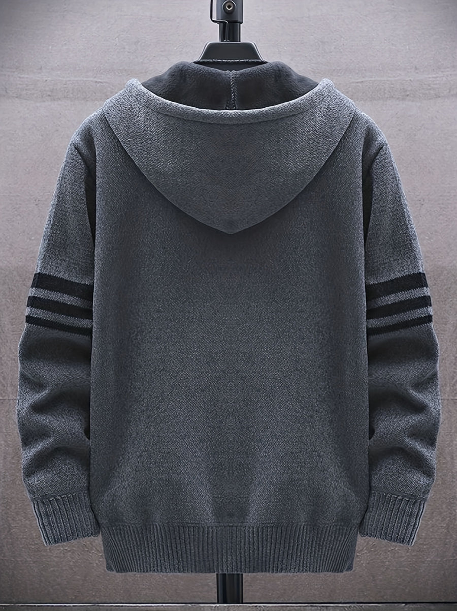 Men'S Striped Fleece Hooded Cardigan, Casual Slightly Stretch Breathable Zip Up Thermal Jacket for Fall Winter Outdoor, Knit - Dark Gray