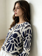 Mori Style Fresh Contrast Hollow Crochet Short Top, Thin Breathable Round Neck Long Sleeve Sunscreen Sweater - Navy Color