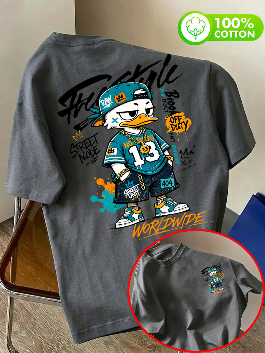 Pure Cotton Crew Neck T-Shirt, Unisex, Trendy Cool Duck, No. 13 Jersey, Multi-Element Badge, Double-Sided Front and Back Print with Letters, Breathable and Non-Sticky Back, Casual and Versatile, Suitable for Commuting, Sports, Outdoor Travel - Dark Gray