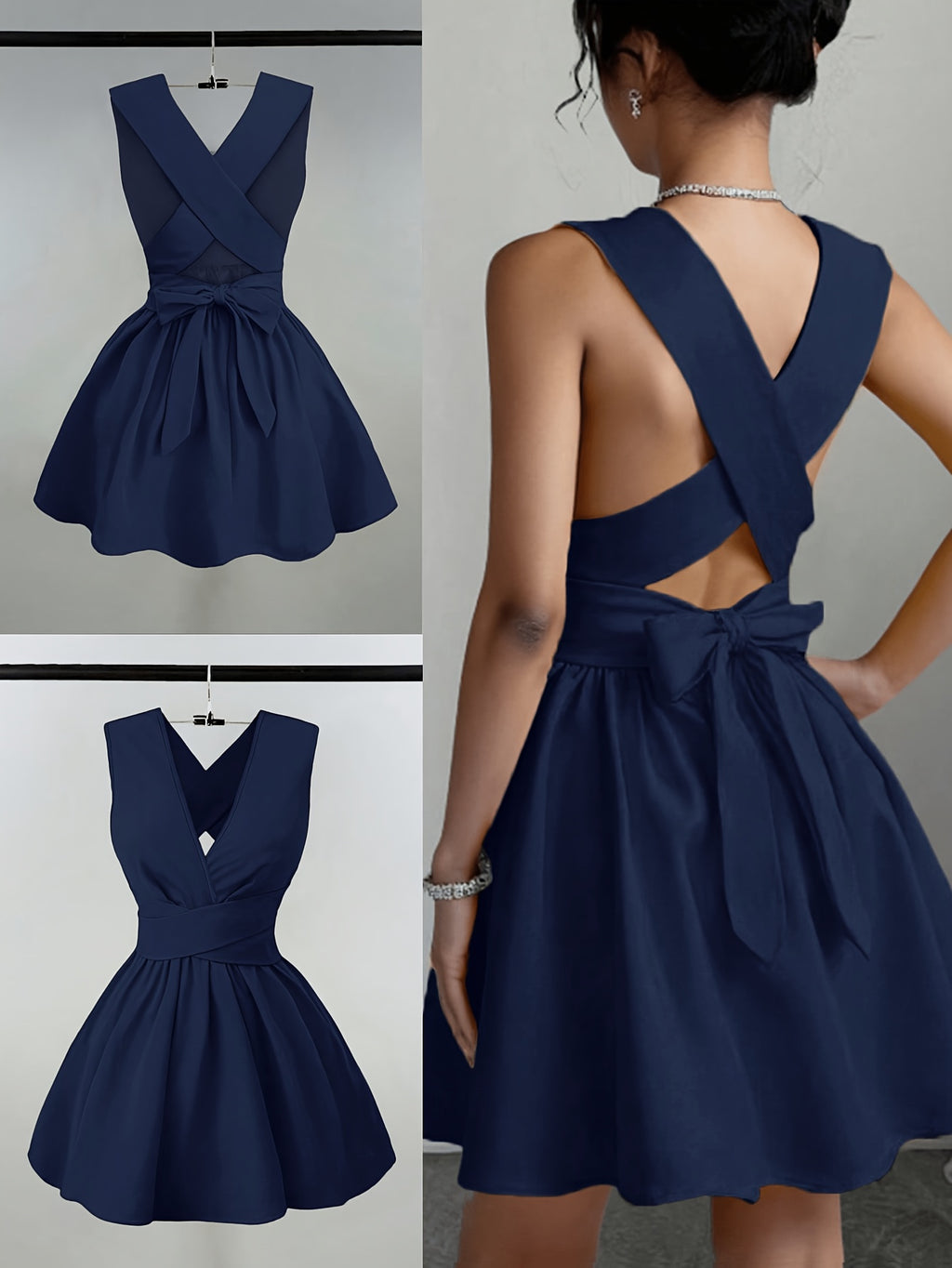 Women'S Romantic Elegant Sexy Wedding Guest Style Wearable Cross V-Neck Sleeveless A-Line Mini Dress - Navy Color