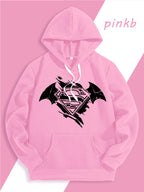 Warner Official Men's Hooded Sweatshirt, Black and White Distressed Batman Symbol Torn Wind Print Design, Machine Washable, Cozy and Comfortable Daily Drawstring Hooded Sweatshirt for Autumn and Winter, Versatile Sporty Casual Loose Fit - Pink Color