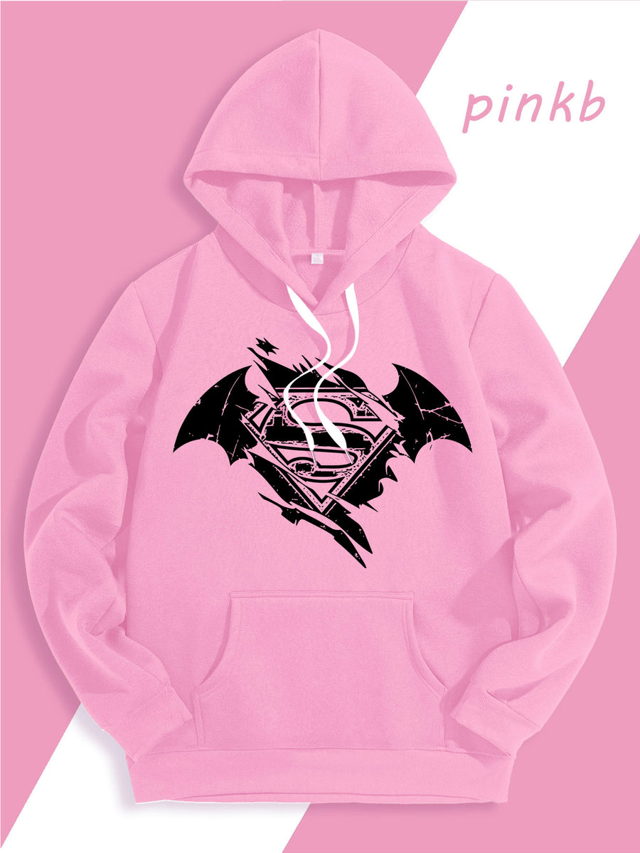Warner Official Men's Hooded Sweatshirt, Black and White Distressed Batman Symbol Torn Wind Print Design, Machine Washable, Cozy and Comfortable Daily Drawstring Hooded Sweatshirt for Autumn and Winter, Versatile Sporty Casual Loose Fit - Pink Color
