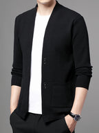 Du Jing Lan OBM Spring/Summer New Arrival Men's Knitted Cardigan, Old Money Style Solid Color V-Neck Long Sleeve Open Front Knit Cardigan, Men's Business Casual Fashion Single-Breasted Ribbed Sweater Jacket with Side Pockets, Suitable for Layering - Black