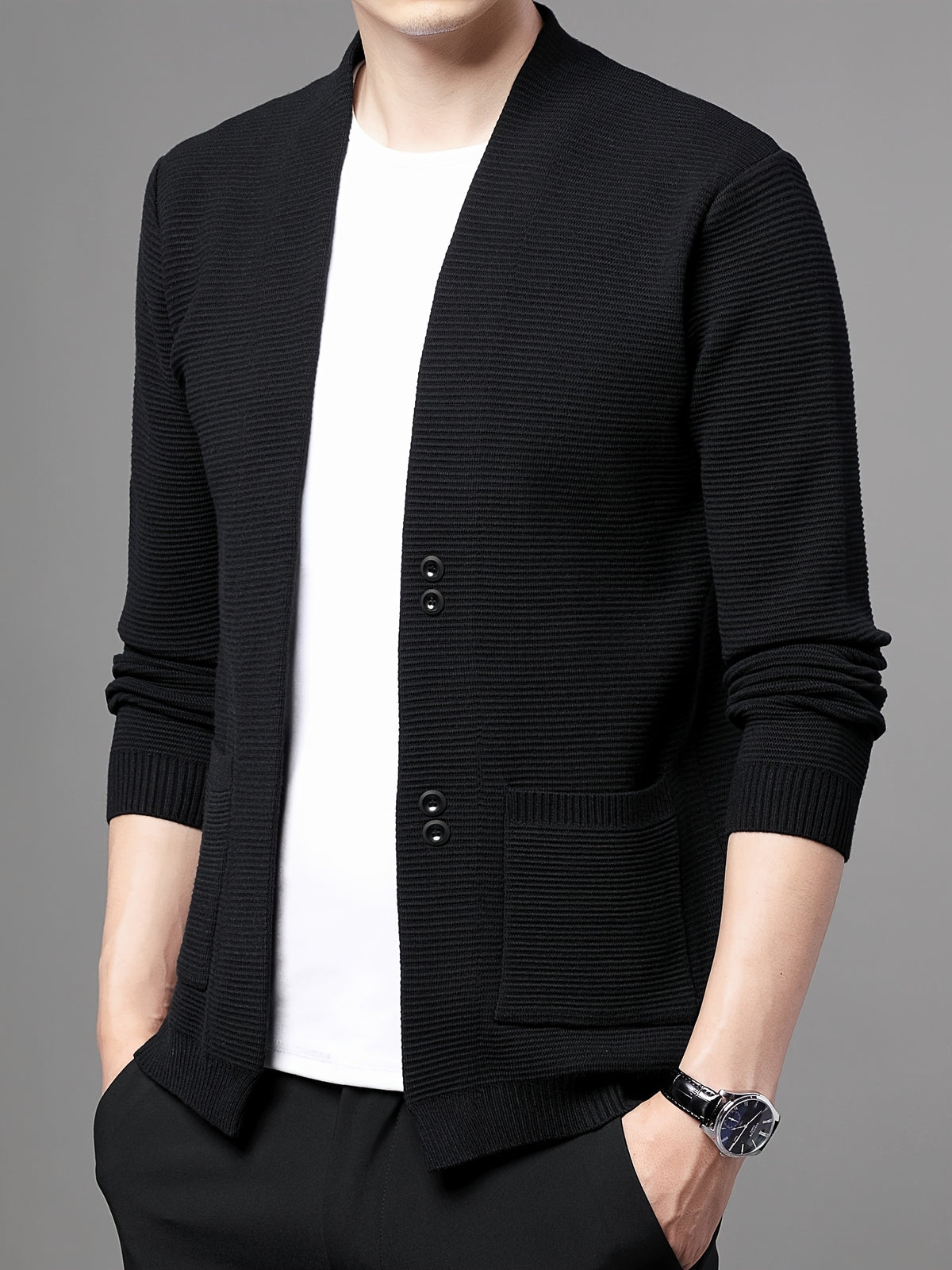 Du Jing Lan OBM Spring/Summer New Arrival Men's Knitted Cardigan, Old Money Style Solid Color V-Neck Long Sleeve Open Front Knit Cardigan, Men's Business Casual Fashion Single-Breasted Ribbed Sweater Jacket with Side Pockets, Suitable for Layering - Black