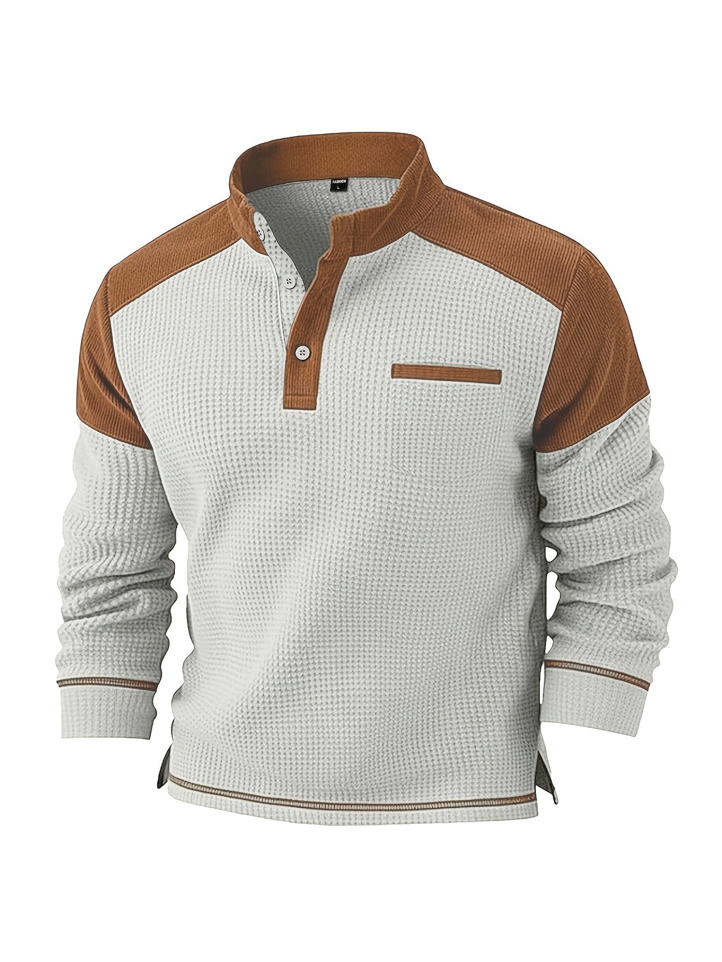 Men's American-style Casual Stand-up Collar Shirt with a Half-opening Button Placket Design, Retaining the Smart and Neat Look of a Stand-up Collar. The Addition of Two Buttons Enhances the Layered Style and Breathability. The Shoulders - Light Grey
