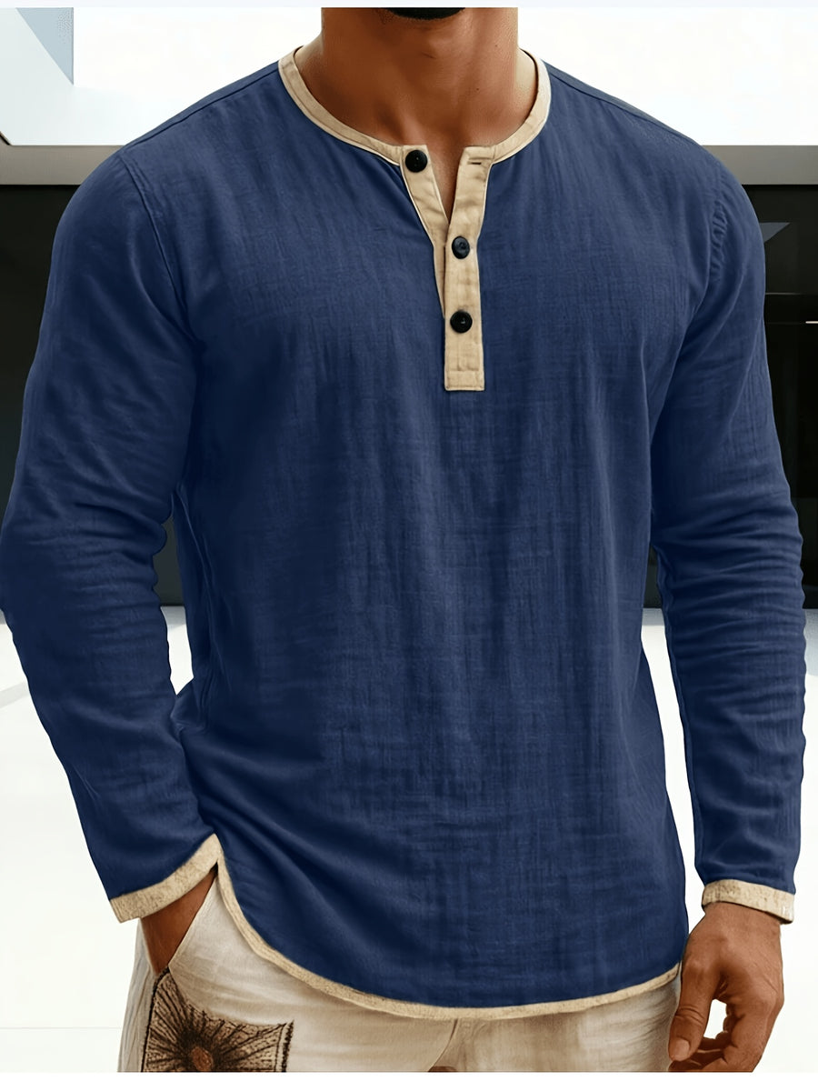 Men'S Retro Color Block Casual Henley Crewneck T-Shirt in Linen, Vintage T-Shirt for Men - Navy Color